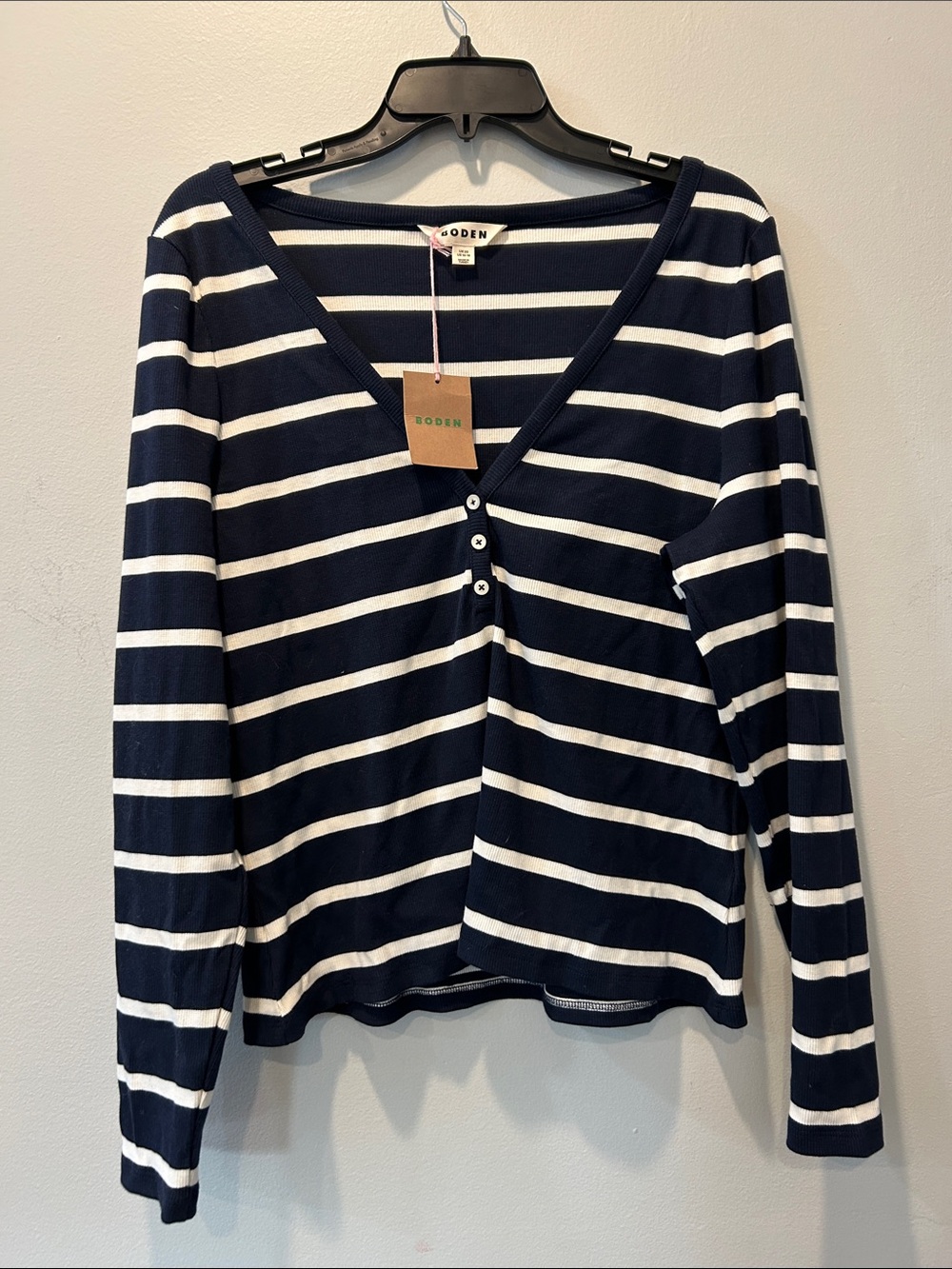 Boden Navy and White Striped V-Neck Long Sleeve Top